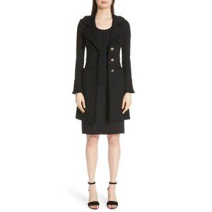 St. John Caviar Black Fringed Wool-Blend Milano Piqué Knit Coat